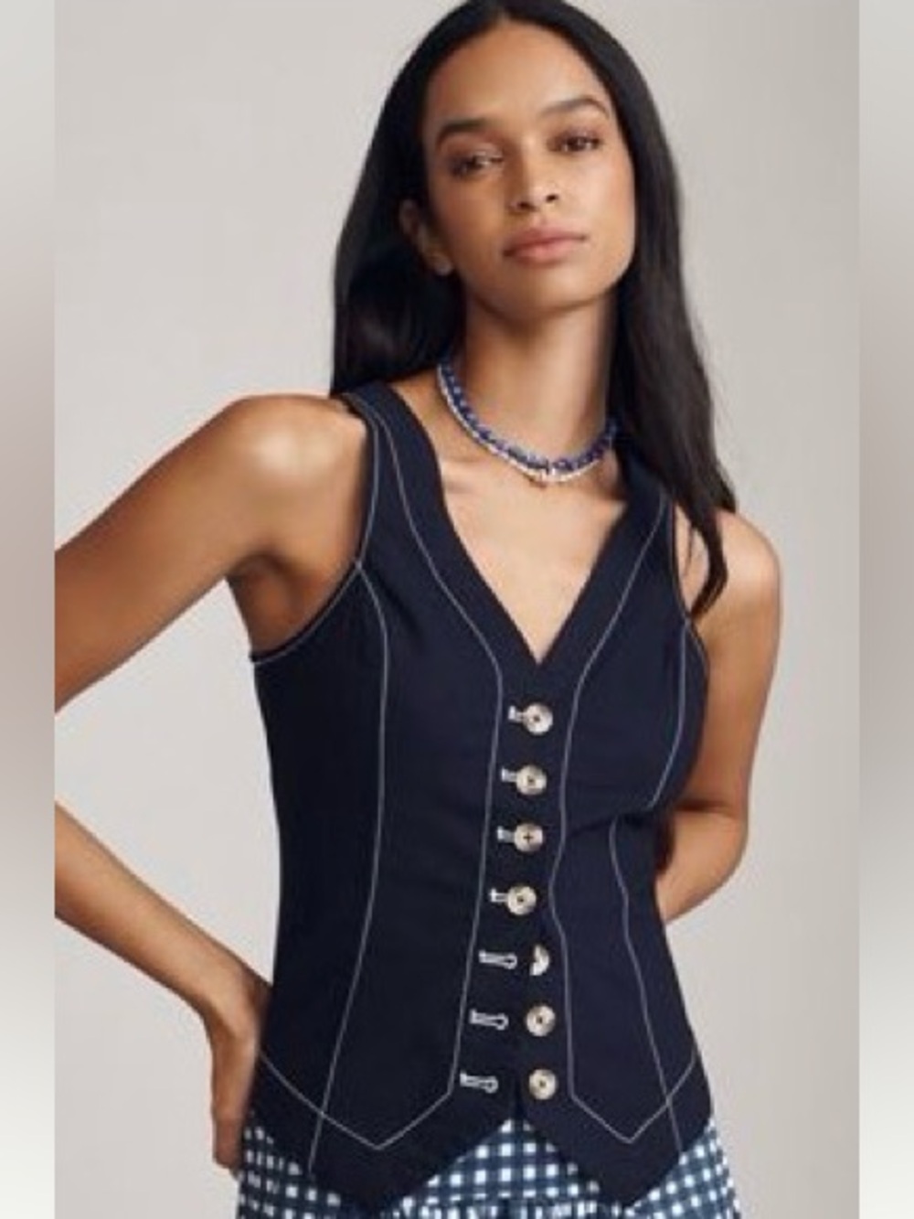 Anthropologie The Halsey Slim Button-Front Vest Navy Blue Size XS NWT
